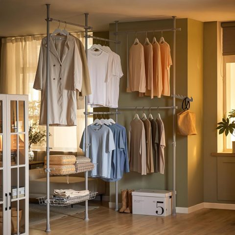 Teleskopiska garderobes sistēma (nav nepieciešama urbšana) pelēka