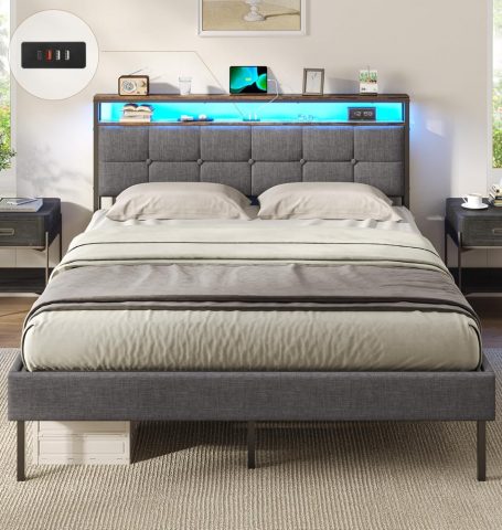 Polsterēta gulta ar LED apgaismojumu un uzlādes staciju- 160 x 200 cm