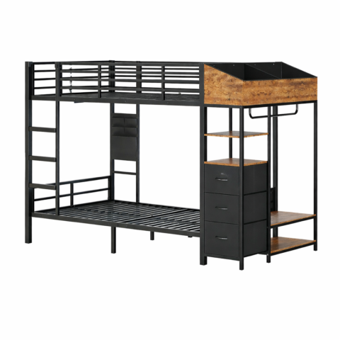 Loft Urbano – divstāvu gulta ar LED un uzglabāšanas sistēmu  Moderns un funkcionāls loft stila gultas komplekts, kas īpaši piemērots pusaudžu istabai. Tas apvieno guļvietu, garderobi, uzglabāšanas vietu un LED apgaismojumu vienā stilīgā mēbelē.